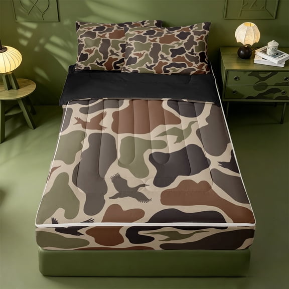meiyoeat Classic Camo Mallard Zipper Full Size Comforter Sets with Fitted Sheet and 2 Pillowcases For Adults,Vintage Camouflage Print Zipper Bedding Set For Boys, Earth Tone,Black Reversible,4-Piece