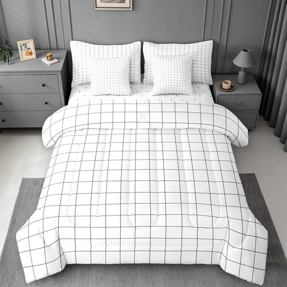 meiyoeat Classic Check Geometric 7-Piece Twin Bedding For Kids,Simple Square Plaid Bedding Comforter Set,Reversible