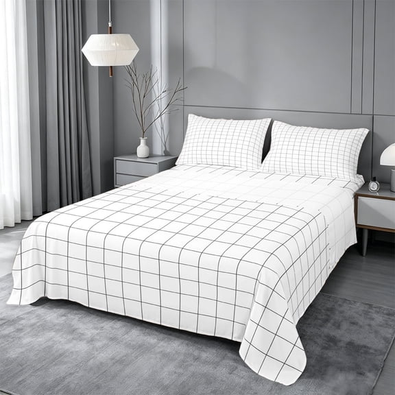 meiyoeat Classic Check Geometric Bed Sheets For Kids,Simple Square Plaid Full Size Sheets,4pcs