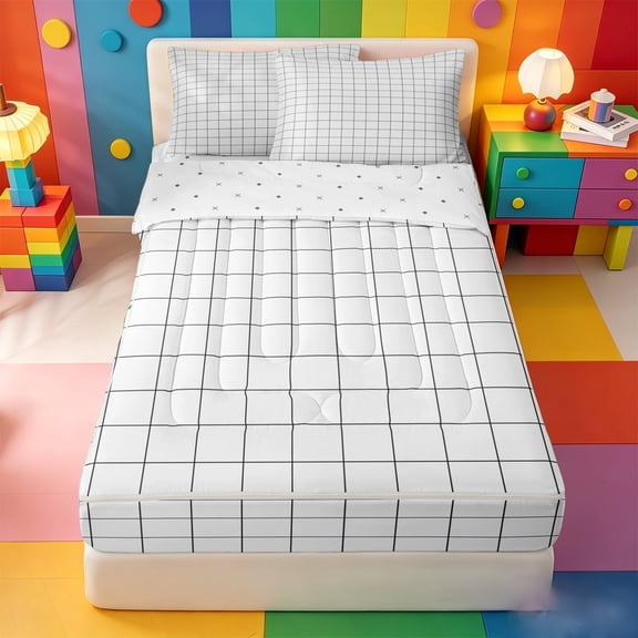 meiyoeat Classic Check Geometric Zipper Full Size Comforter Sets with Fitted Sheet and 2 Pillowcases For Kids,Simple Square Plaid Zipper Bedding Set,Reversible,4-Piece