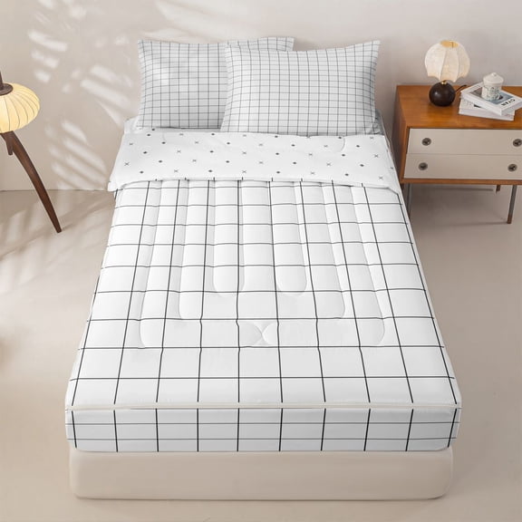 meiyoeat Classic Check Geometric Zipper Full Size Comforter Sets with Fitted Sheet and 2 Pillowcases For Kids,Simple Square Plaid Zipper Bedding Set,Reversible,4-Piece