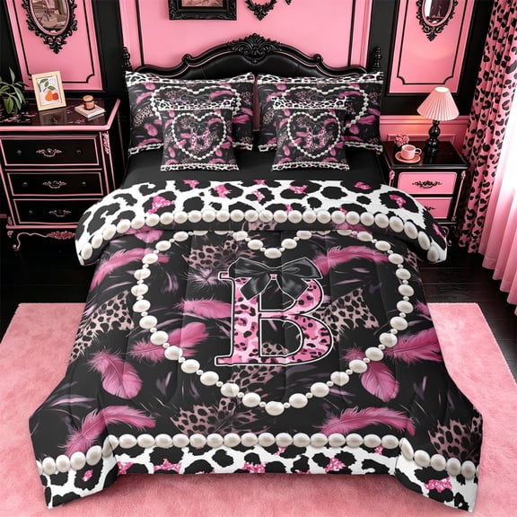 meiyoeat Classic Cheetah Print 7 Pieces Bedding Comforter Set For Adults,Pink Leopard Initial B Alphabet Full Bedding Set For Kids,black Reversible
