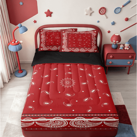 meiyoeat Classic Flower Zipper Queen Comforter Set with Fitted Sheet and 2 Pillowcases,Paisley Print Zipper Bedding Set For Adults,Red White,Black Reversible,4-Piece