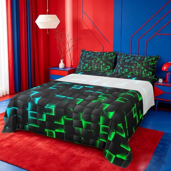 meiyoeat Classic Geometric Checkered Bed Sheets For Kids,Gradient Neon Blue Green Full Size Sheets For Boys,4-Piece
