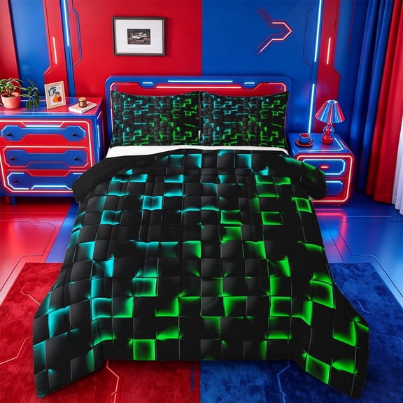meiyoeat Classic Geometric Checkered Full Size Comforter Sets For Kids,Gradient Neon Blue Green Bedding Comforter Set For Boys,Black Reversible,3-Piece