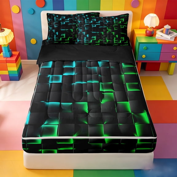 meiyoeat Classic Geometric Checkered Zipper Twin Comforter Sets with Fitted Sheet and 2 Pillowcases For Kids,Gradient Neon Blue Green Zipper Bedding Set For Boys,Black Reversible,4 Pieces