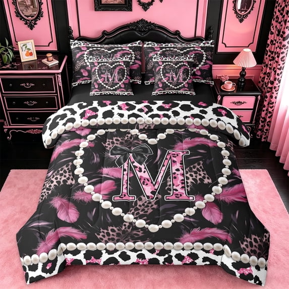 meiyoeat Classic Leopard Alphabet Print 7-Piece Twin Bedding Sets For Adults,Fashion Cheetah Initial M Bedding Comforter Set For Kids,black Reversible