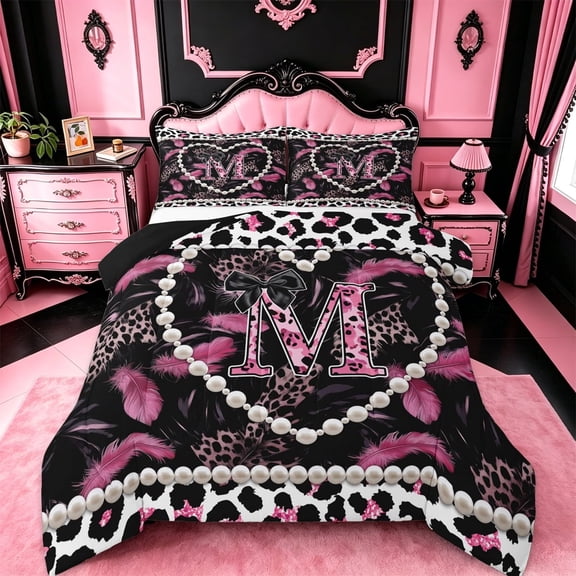 meiyoeat Classic Leopard Alphabet Print Full Size Comforter Sets For Adults,Fashion Cheetah Initial M Bedding Sets For Kids,black Reversible,3pcs