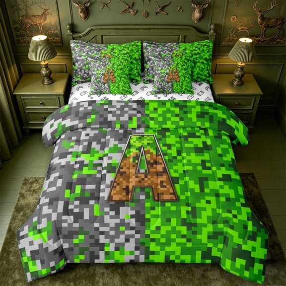 meiyoeat Classic Pixel Miner Games 7-Piece Twin Bedding For Boys,Monogram Letter A Bedding Comforter Set,Reversible