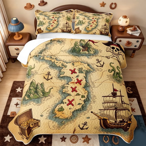 meiyoeat Classic Treasure Map Quilt Full,Pirate Ship Anchor Full Bedspread Sets For Boys,Beige Brown,3 Pieces,1 Coverlet and 2 Pillowcases
