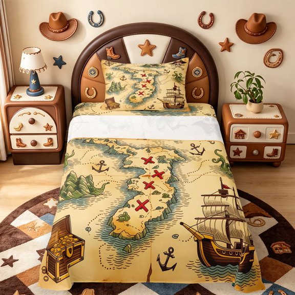 meiyoeat Classic Treasure Map Twin Sheets,Pirate Ship Anchor Bedding For Boys,Beige Brown,3-Piece1 Flat Sheet, 1 Fitted Sheet and 1 Pillowcase