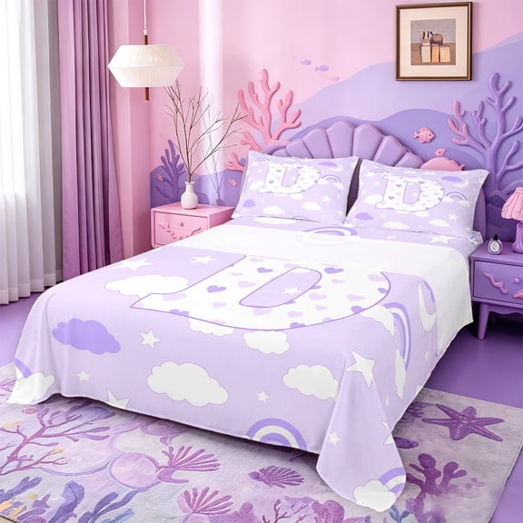 meiyoeat Cloud Stars Initial D Bed Sheets,Purple Rainbow Heart Print Full Size Sheets For Girl,4 Pieces,1 Flat Sheet,1 Fitted Sheet and 2 Pillowcases