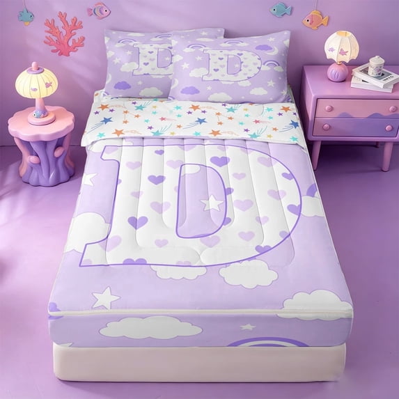 meiyoeat Cloud Stars Initial D Zipper Full Size Comforter Sets with Fitted Sheet and 2 Pillowcases,Purple Rainbow Heart Print Zipper Bedding Set For Girl,Colorful Stars Reversible,4 Pieces