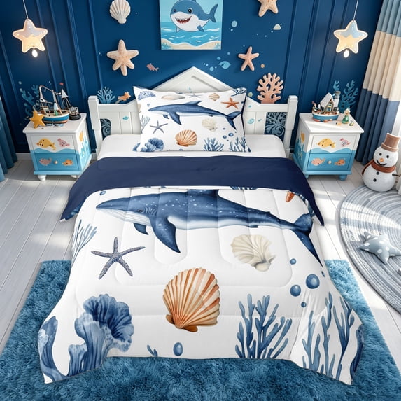 meiyoeat Coastal Shark Twin Comforter Sets for Kids Boys Girls, Watercolor Beach Animal Bedding Set, White Blue, Blue Reversible, 2 Pieces, 1 Comforter and 1 Pillowcase