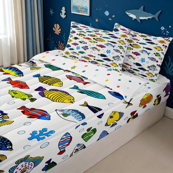 meiyoeat Color Tropical Coral Cartoon Fish Zipper Twin Comforter Sets with Fitted Sheet and 2 Pillowcases for Girls Boys, Coral Sea Wildlife Zipper Bedding Set, Polkadot Reversible, 4 Pieces
