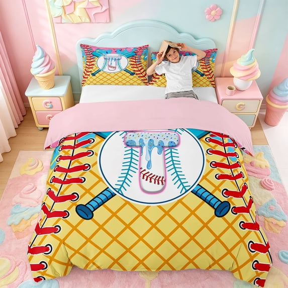 meiyoeat Colorful Baseball Ice Cream Duvet Cover Set For Girls,Ball Sport Theme Letter T Bedding Full For Kids,pink Reversible,3pcs(No Comforter)