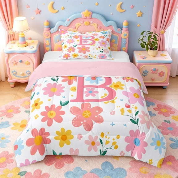 meiyoeat Colorful Cute Floral Print Twin Comforter Sets For Kids,Pink Initial B Alphabet Design Bedding Set For Girls,pink Reversible,2pcs