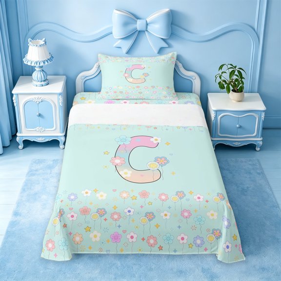 meiyoeat Colorful Flower Monogram C Twin Sheets,Pastel Rainbow Letter Design Bedding For Girl,3 Pieces,1 Fitted Sheet and 1 Pillowcase