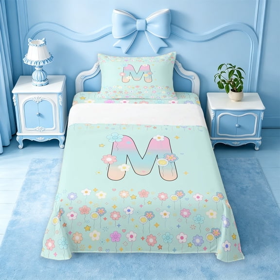 meiyoeat Colorful Flower Monogram M Twin Sheets,Pastel Rainbow Letter Design Bedding For Girl,3pcs,1 Fitted Sheet and 1 Pillowcase