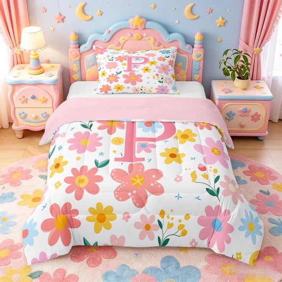meiyoeat Colorful Flower P Initial Print Twin Comforter Sets For Kids,Cartoon Spring Floral Bedding Set For Girls,pink Reversible,2pcs