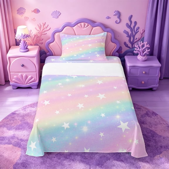 meiyoeat Colorful Gradient Twin Sheets,Cute Rainbow Stars Print Bedding For Girl,3pcs,1 Fitted Sheet and 1 Pillowcase