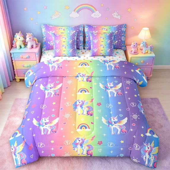 meiyoeat Colorful Kawaii Unicorn 7-Piece Twin Bedding For Girls,Dreamy Rainbow Gradient Stripes Bedding Comforter Set For Kids,Colorful Stars Reversible
