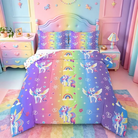 meiyoeat Colorful Kawaii Unicorn Full Size Comforter Sets For Girls,Dreamy Rainbow Gradient Stripes Bedding Comforter Set For Kids,Colorful Stars Reversible,3pcs