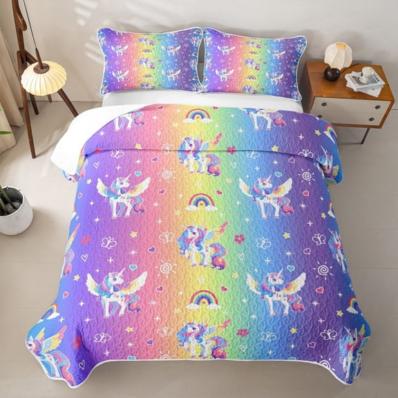 meiyoeat Colorful Kawaii Unicorn Quilt Full For Girls,Dreamy Rainbow Gradient Stripes Full Bedspread Sets For Kids,3-Piece