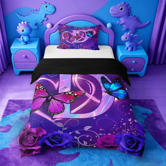 meiyoeat Colorful Neon Monogram D Twin Duvet Cover,Purple Flower Initial Print Twin Bedding For Girl,Black Reversible,2-Piece,1 Duvet Cover and 1 Pillowcase
