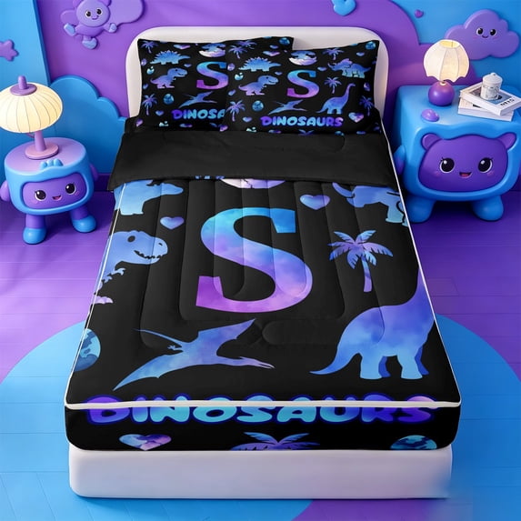 meiyoeat Colorful Ombre Monogrammed S Zipper Full Size Comforter Sets with Fitted Sheet and 2 Pillowcases For Boys,Dino Themed Initial Zipper Bedding Set,Black Reversible,4 Pieces