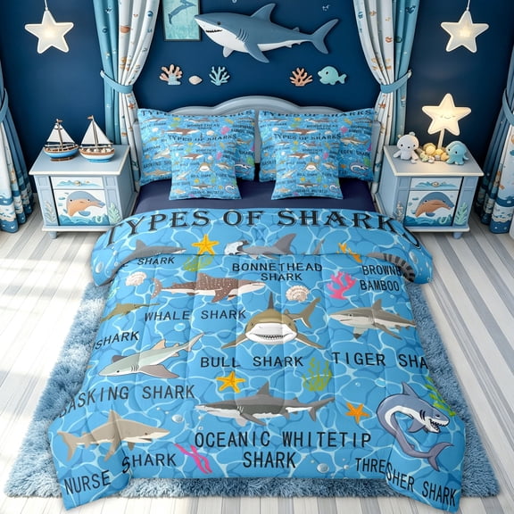 meiyoeat Colorful Shark Educational Full Size Bedding Sets for Kids Boys Girls, Coral Starfish Marine Wildlife Full Size Bed in a Bag, Blue, Blue Reversible, 7 Pieces