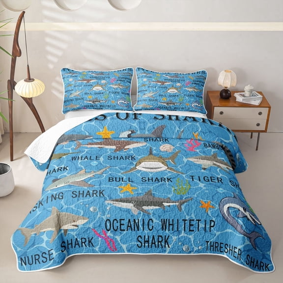 meiyoeat Colorful Shark Educational Twin Quilt Set for Boys Girls, Coral Starfish Marine Wildlife Twin Coverlet Set, Blue, 2 Pieces