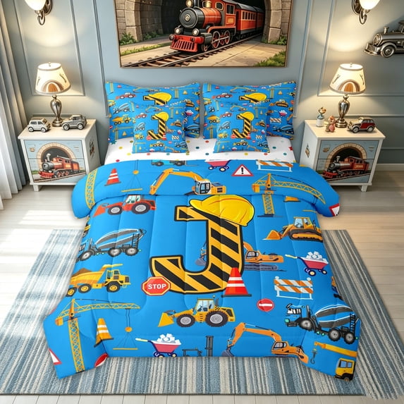 meiyoeat Construction J Initial Hard Hat Twin Bedding, Cartoon Truck Bedding Comforter Set for Boys Girls, Blue, Polkadot Reversible, 7-Piece