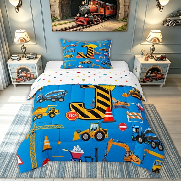 meiyoeat Construction J Initial Hard Hat Twin Comforter Sets, Cartoon Truck Bedding Set for Boys Girls, Blue, Polkadot Reversible, 2-Piece, 1 Comforter and 1 Pillowcase