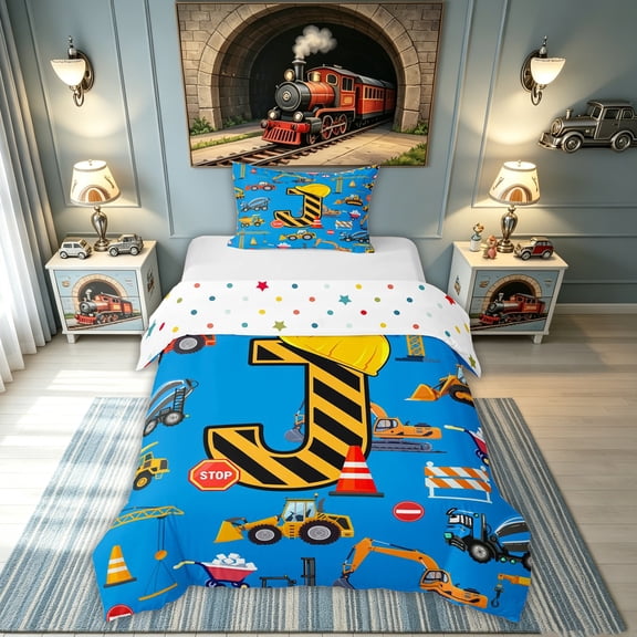 meiyoeat Construction J Initial Hard Hat Twin Duvet Cover, Cartoon Truck Twin Bedding for Boys Girls, Blue, Polkadot Reversible, 2-Piece, 1 Duvet Cover and 1 Pillowcase