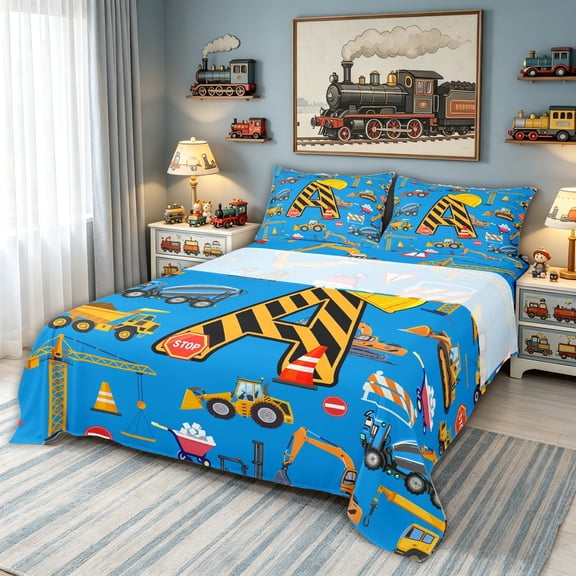 meiyoeat Construction Letter A Bed Sheets for Boys Girls, Blue Truck Vehicle Full Size Sheets, Polkadot Reversible, 1 Flat Sheet, 1 Fitted Sheet and 2 Pillowcases