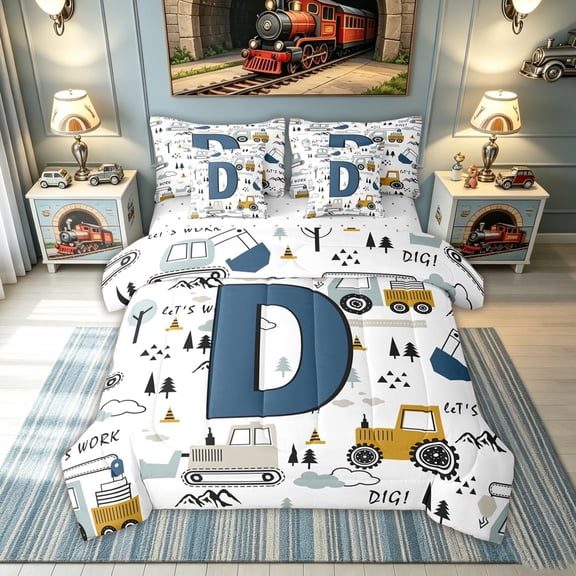 meiyoeat Construction Letter D Twin Bedding for Kids, Excavator Print Bedding Comforter Set for Bedroom, Blue, Reversible, 7pcs