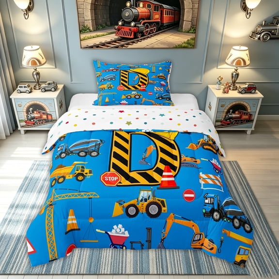 meiyoeat Construction Letter D Twin Comforter Sets for Boys Girls, Blue Truck Vehicle Bedding Set, Polkadot Reversible, 2-Piece, 1 Comforter and 1 Pillowcase