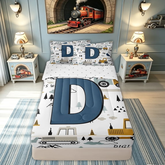 meiyoeat Construction Letter D Zipper Comforter Set with Fitted Sheet and 2 Pillowcases for Kids, Excavator Print Zipper Bedding Set for Bedroom, Blue, Reversible, 3pcs