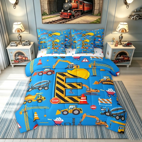 meiyoeat Construction Letter E Twin Bedding for Boys Girls, Blue Truck Vehicle Bedding Comforter Set, Polkadot Reversible, 7 Pieces