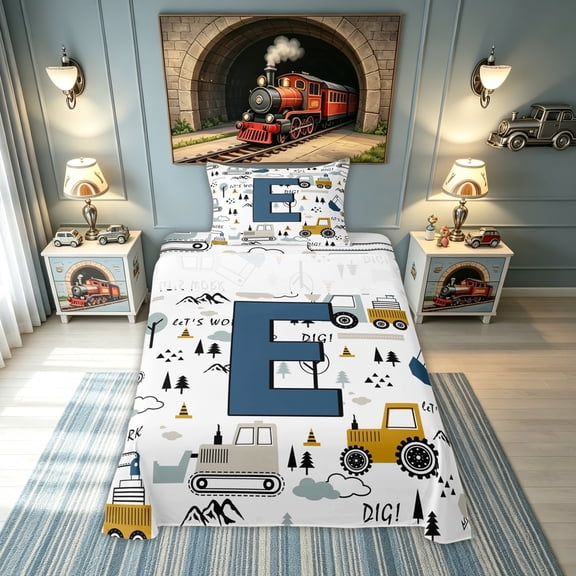 meiyoeat Construction Letter E Twin Sheets, Work Truck Bedding for Kids Boys, Blue, Reversible, 1 Flat Sheet, 1 Fitted Sheet and 1 Pillowcase