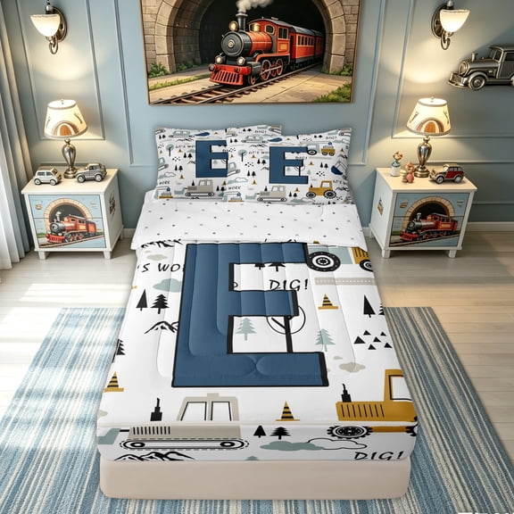meiyoeat Construction Letter E Zipper Comforter Set with Fitted Sheet and 2 Pillowcases, Work Truck Zipper Bedding Set for Kids Boys, Blue, Reversible, 3-Piece