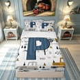 thumbnail image 1 of meiyoeat Construction Letter P Zipper Comforter Set with Fitted Sheet and 2 Pillowcases for Boys Kids, Cute Cartoon Truck Zipper Bedding Set, Blue, Reversible, 3pcs, 1 of 6
