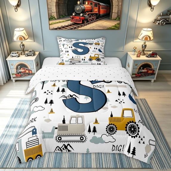 meiyoeat Construction Letter S Twin Comforter Sets for Boys, Cute Cartoon Truck Bedding Set for Bedroom, Blue, Reversible, 2pcs, 1 Comforter and 1 Pillowcase