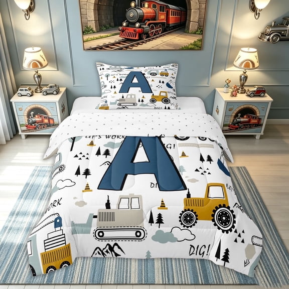 meiyoeat Construction Letter A Twin Comforter Sets for Boys, Truck Print Bedding Set for Bedroom, Blue, Reversible, 2pcs, 1 Comforter and 1 Pillowcase
