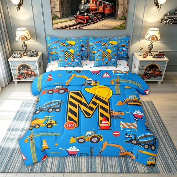 meiyoeat Construction M Initial Hard Hat Twin Bedding, Cartoon Truck Bedding Comforter Set for Boys Girls, Blue, Polkadot Reversible, 7-Piece