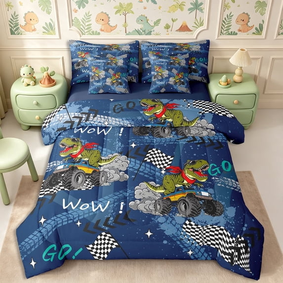 meiyoeat Cool Dinosaur Monster Truck 7-Piece Twin Bedding,Racing Checkered Flag Bedding Comforter Set,Blue Black,Reversible