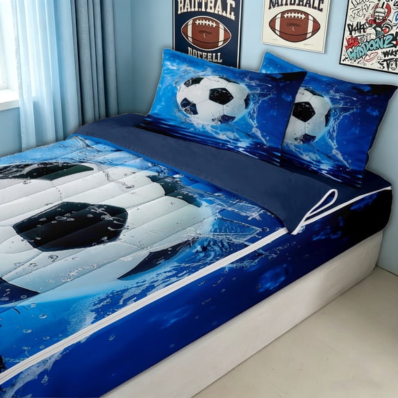 meiyoeat Cool Soccer Zipper Full Size Comforter Sets with Fitted Sheet and 2 Pillowcases for Kids Girls, Water Splash Zipper Bedding Set for Bedroom, Blue Black, Blue ReversibleB