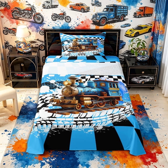 meiyoeat Cool Steam Train Twin Sheets 3pcs for Boys,Retro Locomotive Graphic Bedding,Blue,1 Flat Sheet, 1 Fitted Sheet and 1 Pillowcase