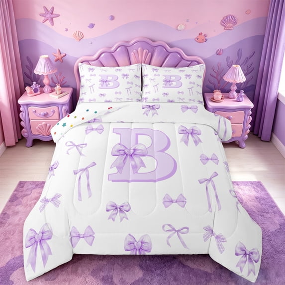 meiyoeat Coquette Bow Initial B Full Size Comforter Sets,Purple Watercolor Monogram Art Bedding Comforter Set For Girl,Reversible,3-Piece,1 Comforter and 2 Pillowcases